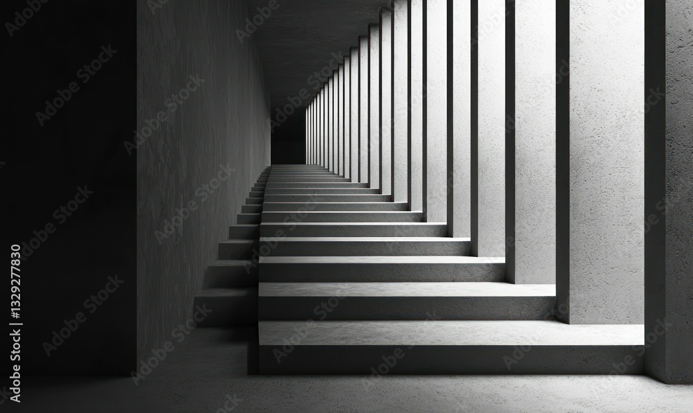Aufkleber an interior view shows concrete stairs flanked by vertical pillars creating patterns of light and sh