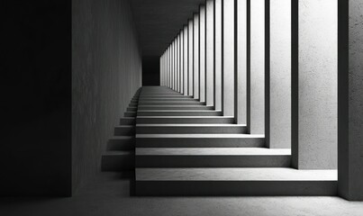 An interior view shows concrete stairs flanked by vertical pillars creating patterns of light and shadow.