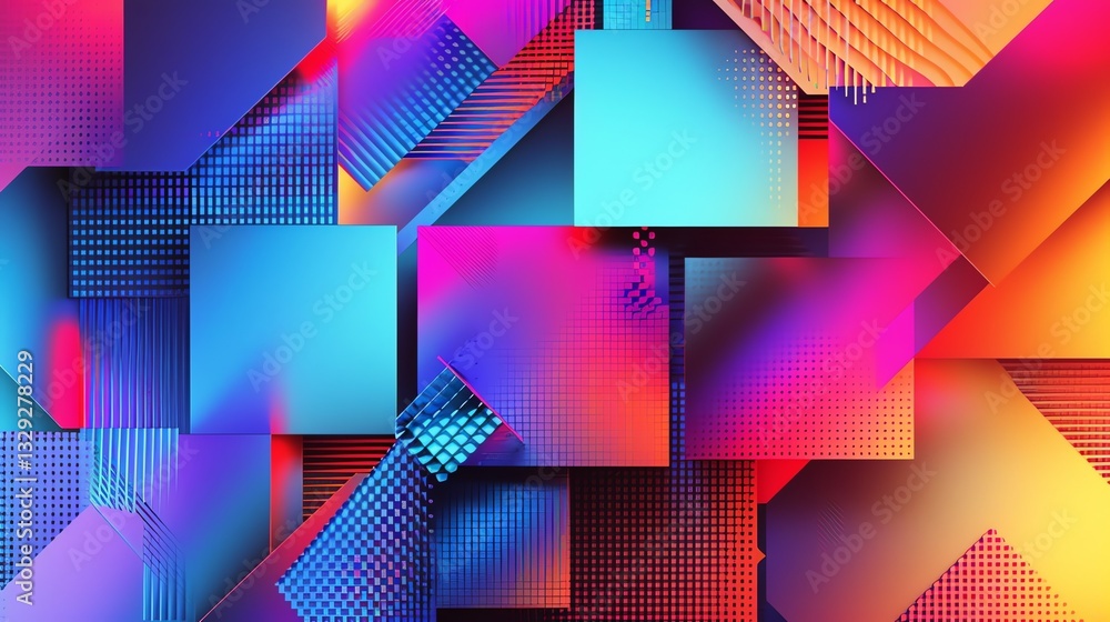 Aufkleber an abstract geometric background with colorful squares and other shapes.