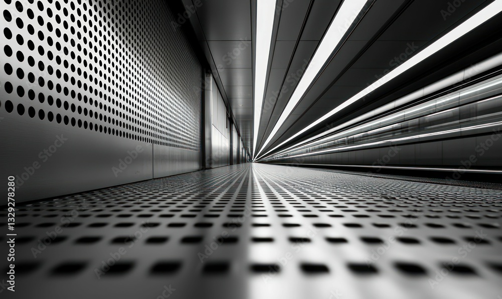 Poster a striking monochromatic tunnel showcases perforated metal walls and dynamic linear lighting creatin