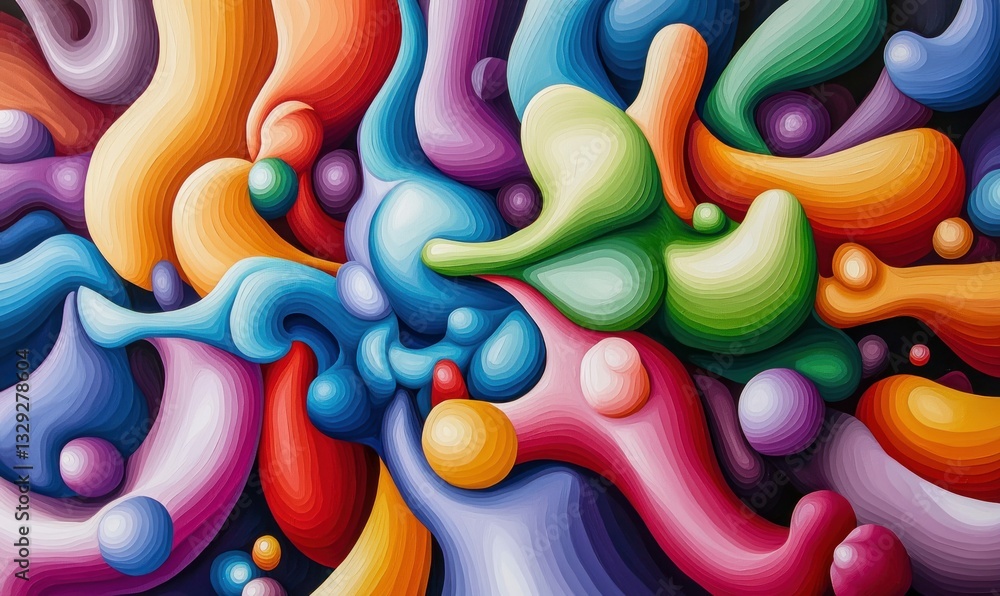 Poster a modern abstract painting showcases an array of colorful, curvy, and blob-like forms, creating a dy