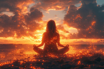 Portrait of a serene woman surrounded by ethereal cosmic astral lights and glowing vibrant energy patterns