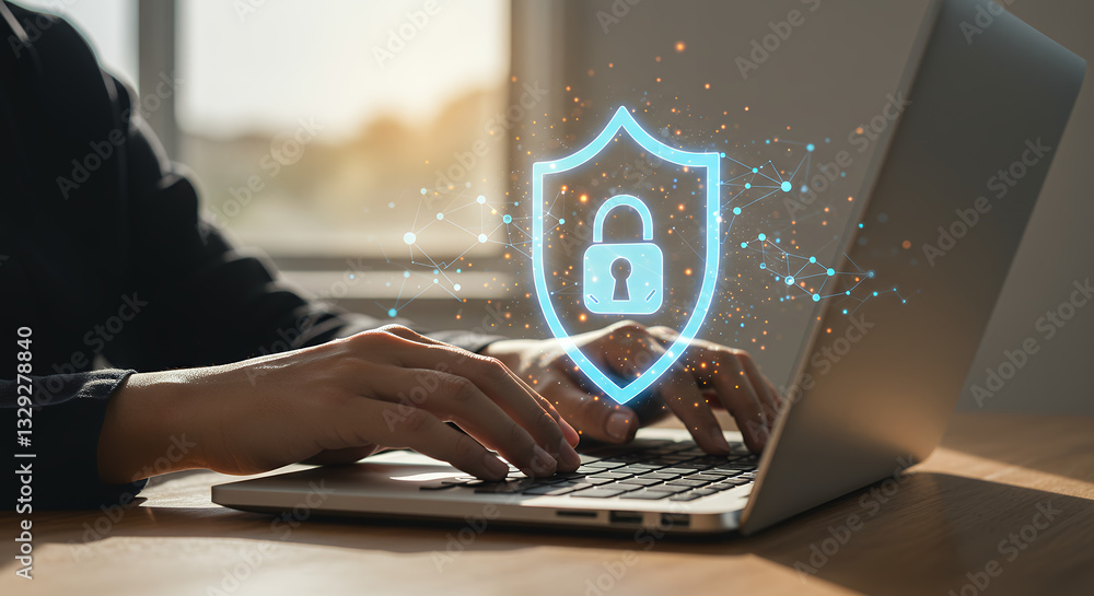 Poster cyber security shield: protecting data with encryption & online safety. secure laptop for business &