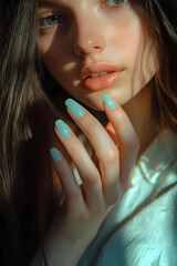 Bathed in soft light, a young woman delicately showcases her manicured nails, evoking a tranquil yet captivating beauty.