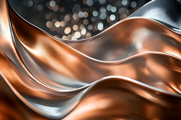 A photorealistic image of copper and rose gold waves with silver reflections, against an abstract dark background with bokeh lights.