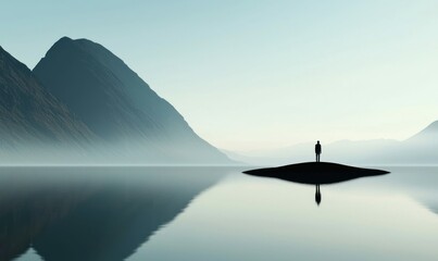 A solitary figure contemplates the misty mountains from a tranquil island in the lake.