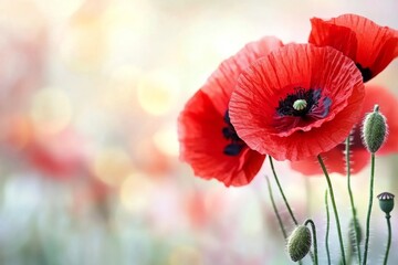 Obraz premium A close-up of a vibrant red poppy flower swaying gently in the breeze, with a blurred background of green fields