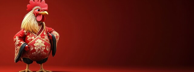 Charming Cartoon Rooster in Traditional Attire Against a Bold Red Background