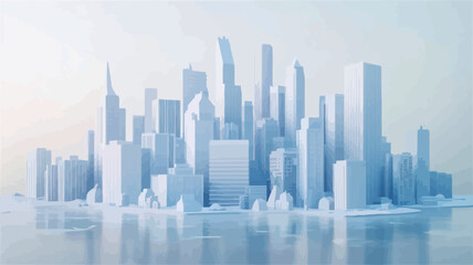 The image depicts a stylized, minimalist cityscape rendered in shades of white and light blue. The buildings are geometric and simplified, lacking intricate details.  They are arranged densely,