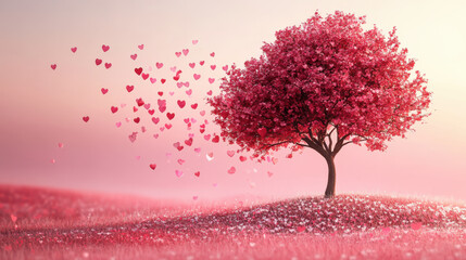 beautiful pink tree with heart shaped leaves surrounded by dreamy landscape, evoking feelings of love and tranquility. scene is filled with soft pink hues and floating hearts