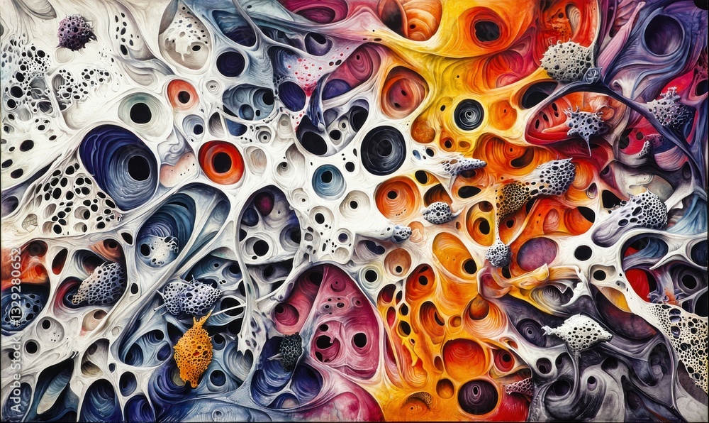 Poster colorful, organic abstraction showing cell-like structures interweaving and creating a complex netwo