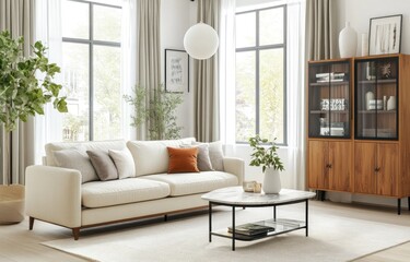 Modern living room interior with beige sofa, wooden cabinet, and large windows.