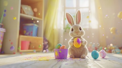 A charming indoor Easter setup with a bunny proudly presenting its freshly painted egg a cup of paint water and splashes of color surrounding it. Created with generative AI.