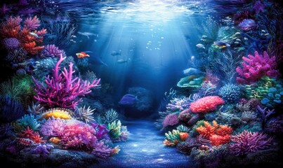Fototapeta premium A vibrant coral reef teeming with colorful fish, illuminated by sunlight filtering through clear blue ocean water.