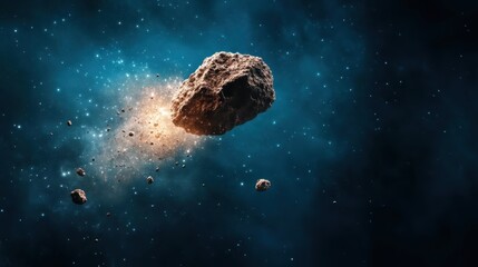 A dramatic scene depicting an asteroid moving through space with explosive energy, illustrating the power and mystery of the cosmos in a stunning visual.