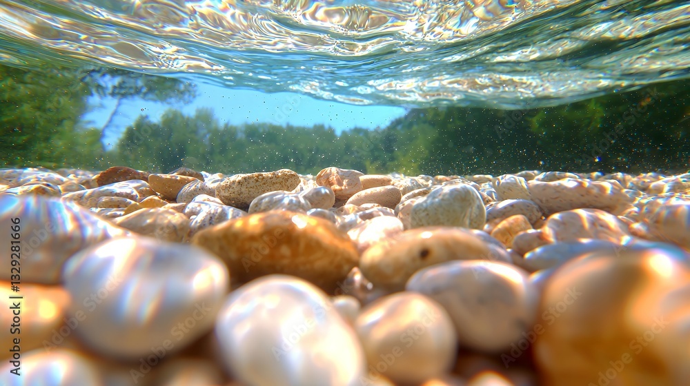 Poster underwater view of pebble bottom with clear water and forest backdrop