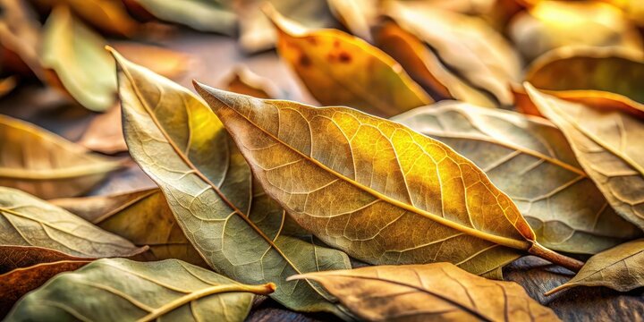 Close-up of dried bay leaves, showcasing their texture and aroma; a culinary and botanical detail.