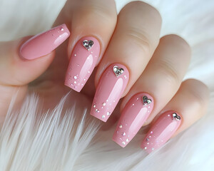 A delicate hand displays elegantly manicured pink nails adorned with sparkling silver hearts and shimmering glitter, exuding playful elegance.