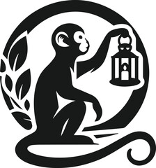 black and white cartoon monkey holding lantern illustration