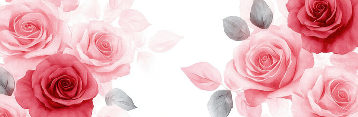 Beautiful watercolor roses in shades of pink and red with soft leaves create romantic and elegant floral design. Perfect for invitations or decor