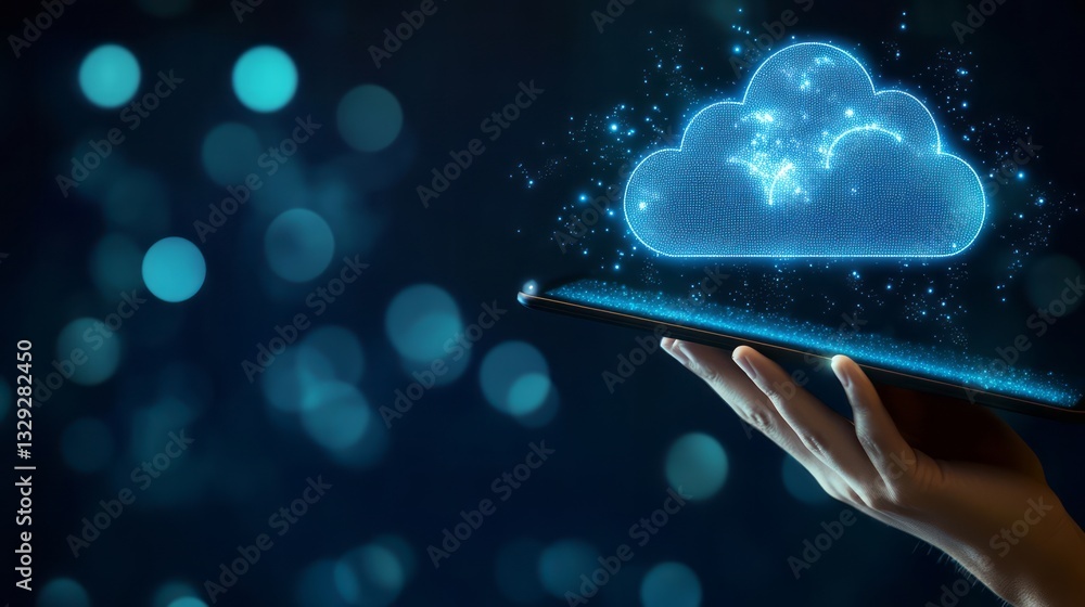 Poster a hand holding an tablet with a glowing blue digital cloud icon floating above it, symbolizing the p