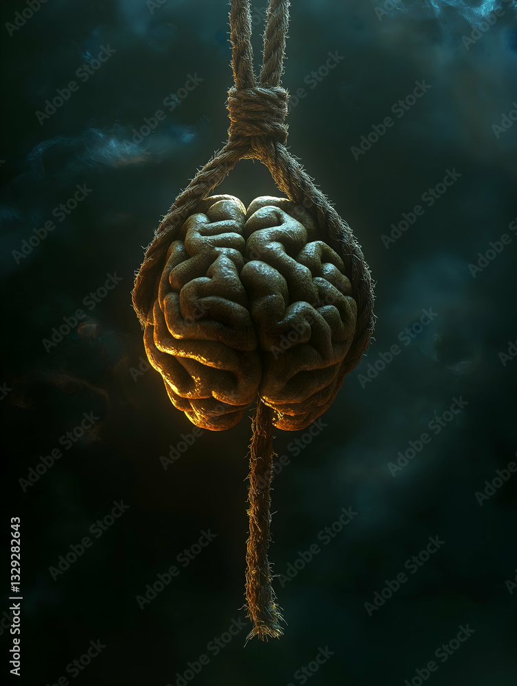 Poster a brain is suspended by a rope in a dark, moody environment, illuminated by a soft glow, creating a 