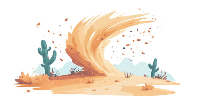 A digital painting or illustration depicting a dust devil swirling across a desert landscape.  The dust devil is rendered in shades of beige and yellow, with a dynamic, swirling form. Two cacti are