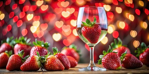 Crimson hearts blur behind a glass of strawberry wine, captured in intimate detail.