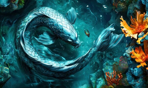 An elegant, scaled dragon-fish gracefully swims through a vibrant coral reef in the deep blue ocean.