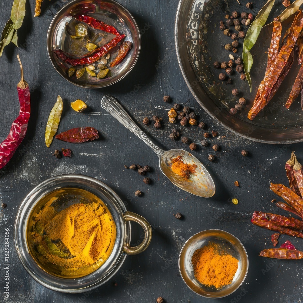 Poster a selection of various spices artfully arranged on a dark surface. the spices include red chilies, t