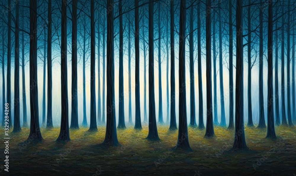 Poster a symmetrical forest scene features tall trees shrouded in a gentle fog, creating a tranquil atmosph
