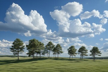 Trees on a grassy hill under a cloudy blue sky