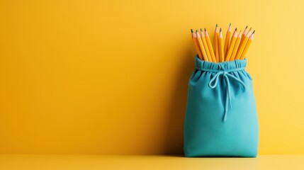 An aqua pouch filled with colored pencils showcases artistry against a sunny yellow backdrop, exuding a vibrant and cheerful ambiance perfect for creativity.