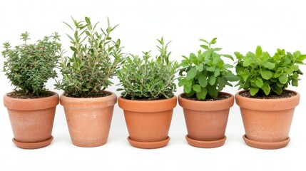 Obraz premium Potted herb plants neatly arranged in terracotta pots on white background aromatic greenery for home gardening and kitchen use natural decoration with fresh appeal