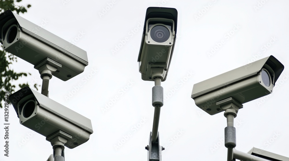 Poster three surveillance cameras positioned strategically for comprehensive security monitoring coverage