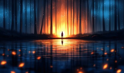 A child gazes at the radiant glow emanating from deep within the forest across the still lake.