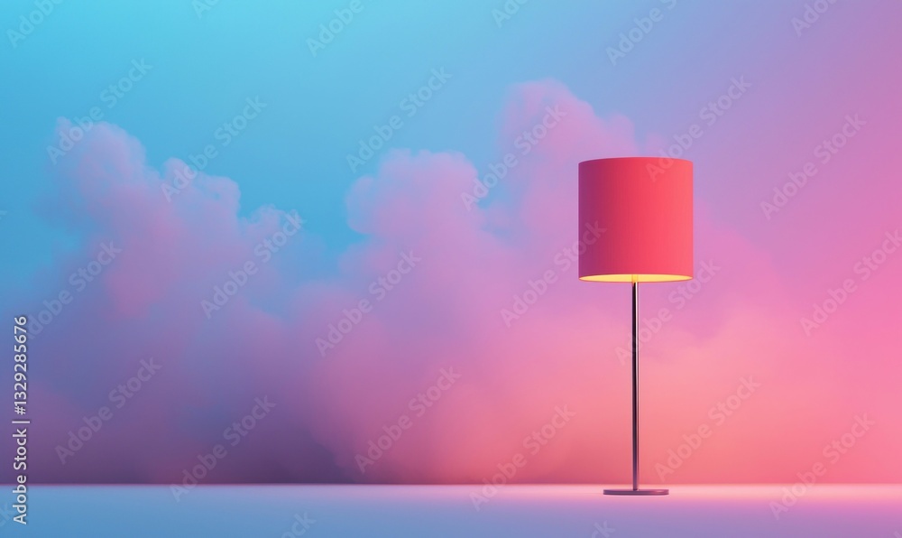 Poster a stylish pink lamp illuminates a serene scene with a dreamy gradient backdrop and soft clouds.