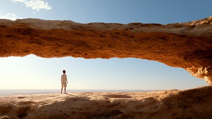 Person Standing Under Natural Rock Arch Looking at Distant Horizon