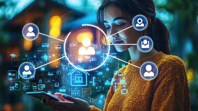 Connected Home: A woman embraces the future, gazing at her smart device that visualizes smart home connectivity with data graphics, representing modern lifestyle and technological advancement.