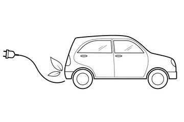 Electric vehicle with electric plug.  Eco friendly vehicle concept. Vector isolated outline drawing. 