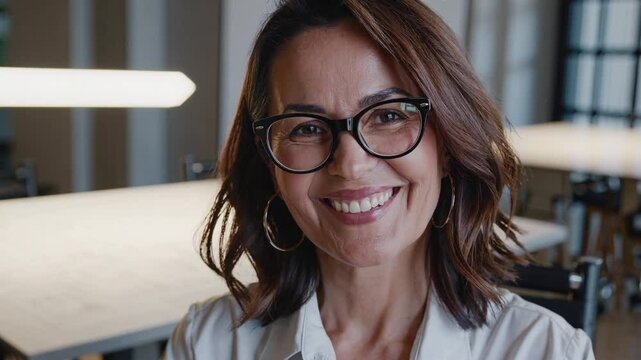 Confident Hispanic Female Professional with Glasses in Modern Office Setting, Radiating Professionalism and Intelligence, Ready to Take on Challenges