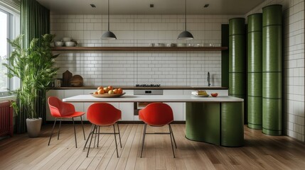Modern kitchen design, bamboo accents, fruit bowl, hardwood floor, window view
