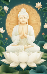Serene statue of a meditative Buddha illuminated against a natural green backdrop