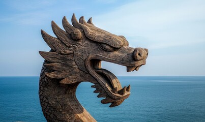 Fototapeta premium Close-up of a majestic dragon sculpture with the open sea stretching out to the horizon.