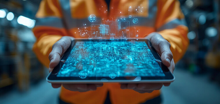 Hands using a tablet computer to showcase augmented reality in a modern industrial warehouse setup