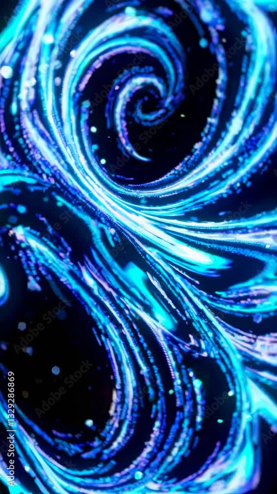 Poster luminous energy streams form ethereal dance. cyan and purple trails interweave with scattered light 