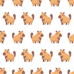 Seamless Pattern of Cute Capybara Illustrations. Adorable seamless pattern featuring capybaras with cheerful expressions on a white background, perfect for kids' designs and textiles