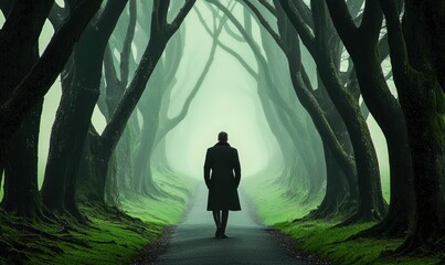 A man walks through a mysterious avenue of trees shrouded in early morning fog.
