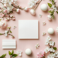 Stationery mockup with soft pastel tones, floral elements, and minimal design. Branding, wedding invitations or packaging presentations. Spring flat lay. Generative ai	