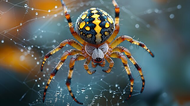 Spider on web, dew drops, autumn colors, close up, macro photography
